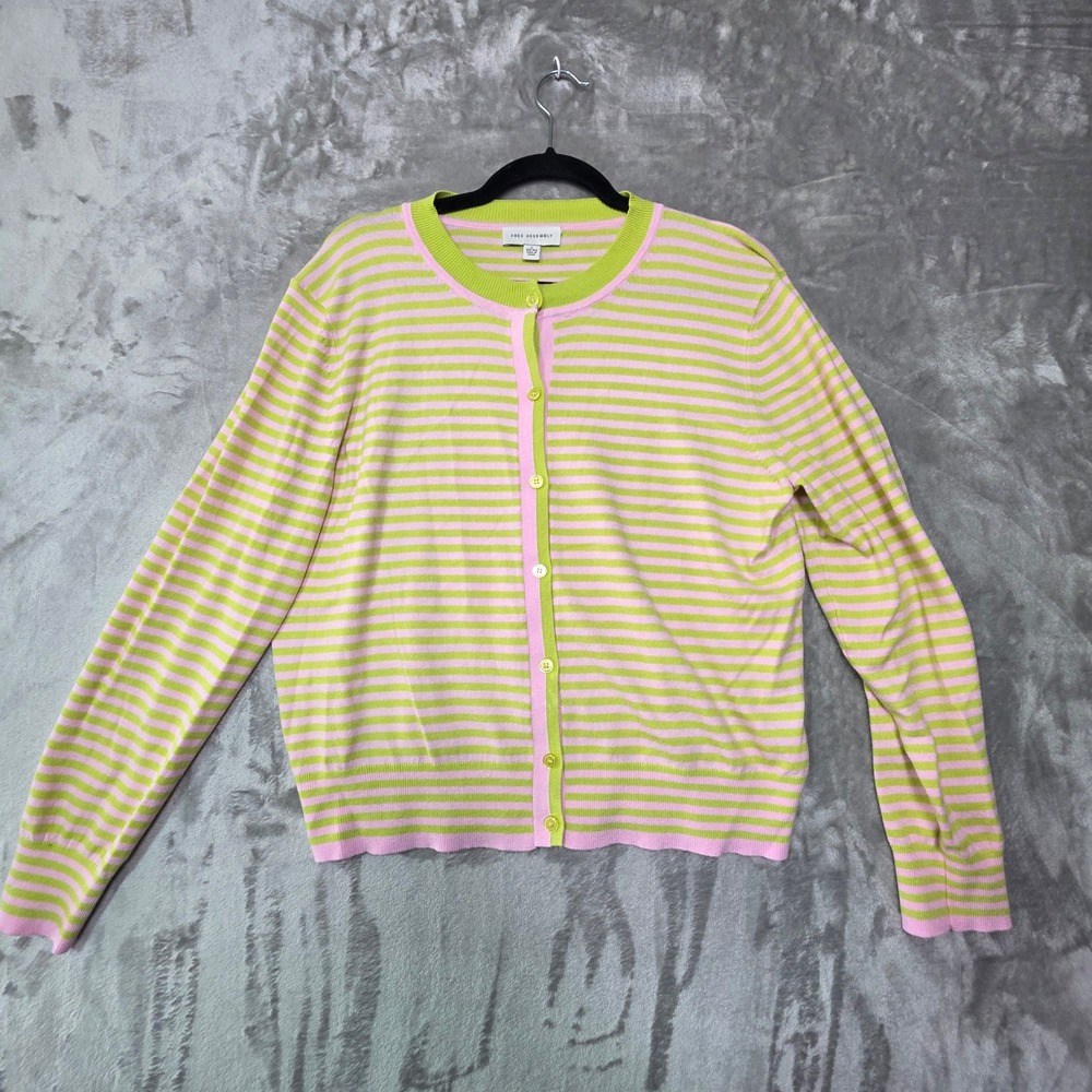 Free Assembly Womens Lime Green Pink Striped Cardigan Sweater Size L 12-14
